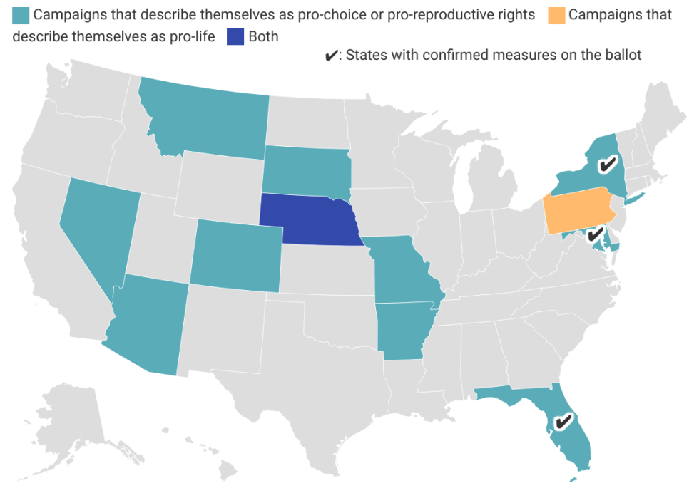 Map showing U.S. states with “Positions of confirmed and potential abortion-related ballot measures.”