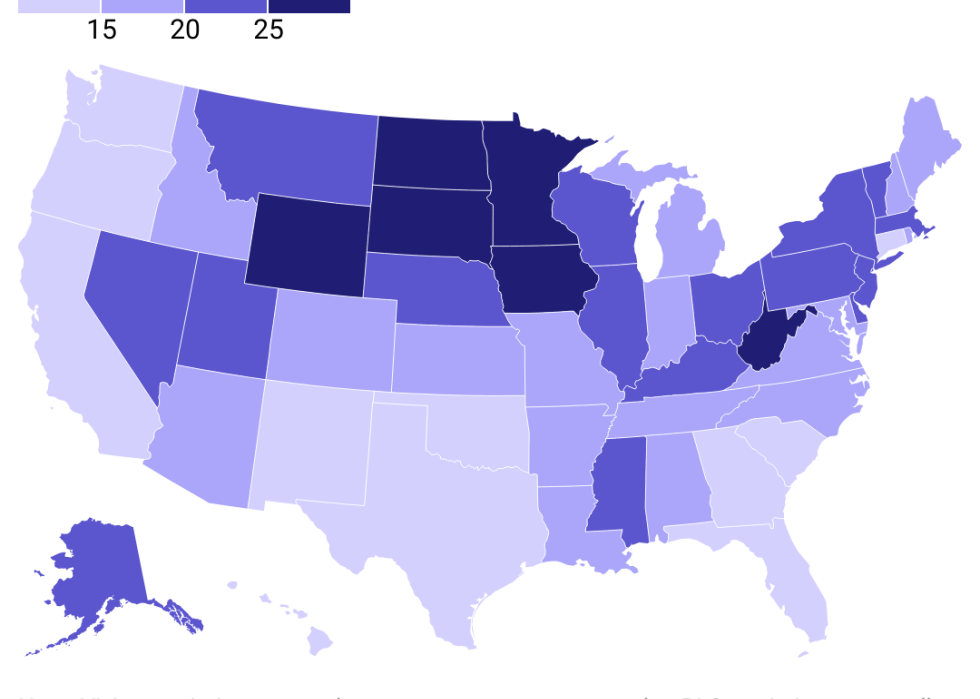A heat map showing the difference in hourly wages between travel nurses and all RNs by state.