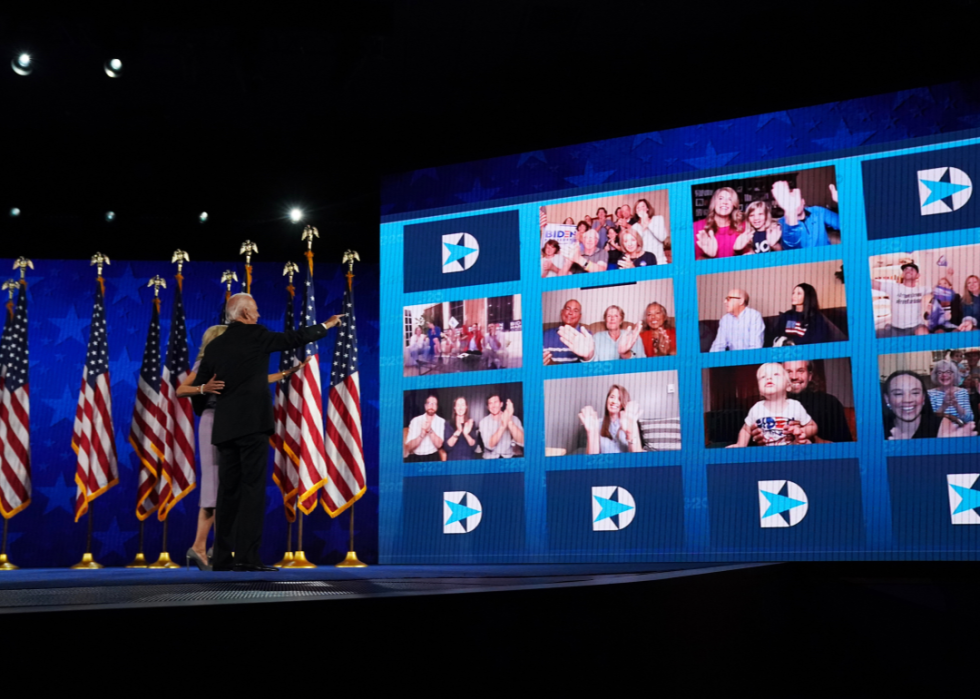 Democratic presidential candidate Joe Biden and Jill Biden wave to the virtual crowd after he delivered a speech accepting his party's presidential nomination at the Chase Center in Wilmington, Delaware, on the final day of the Democratic National Convention Thursday, Aug. 20, 2020.