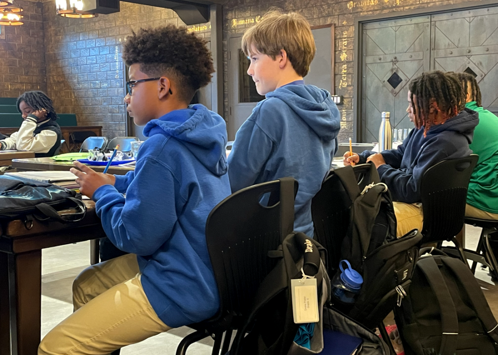 Students in Thompson's class,  a teachers at the school testing a voice-activated teaching assistant from the company Merlyn Mind.