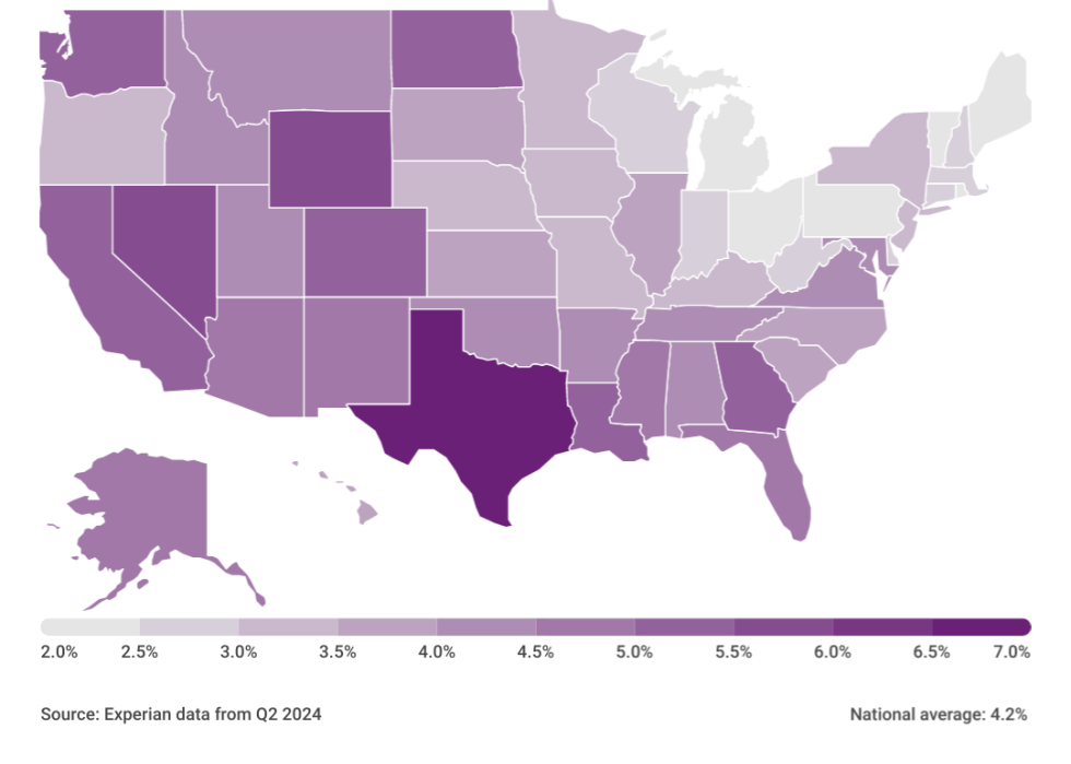 Map showing data on “Percentage of Auto Loans With $1,000 or Greater Monthly Payments” per state.