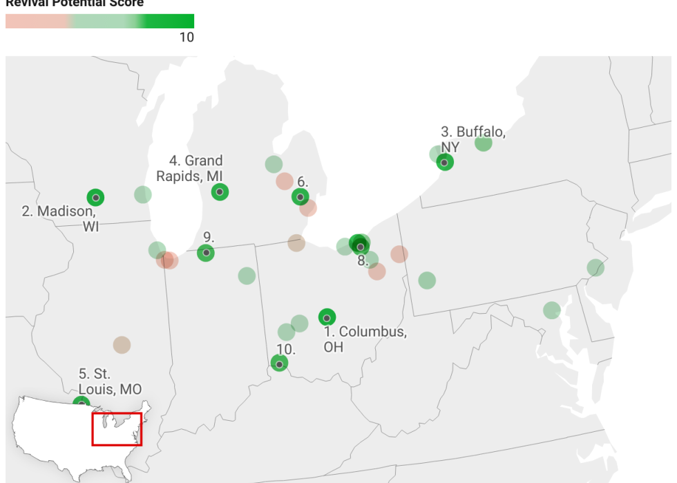 Data map showing the best cities for a Rust Belt revival.