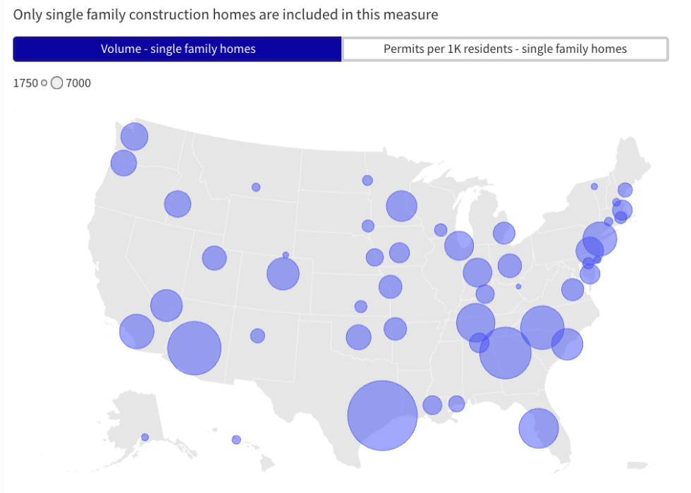 A data map showing the top city in every state for single-family home builds.