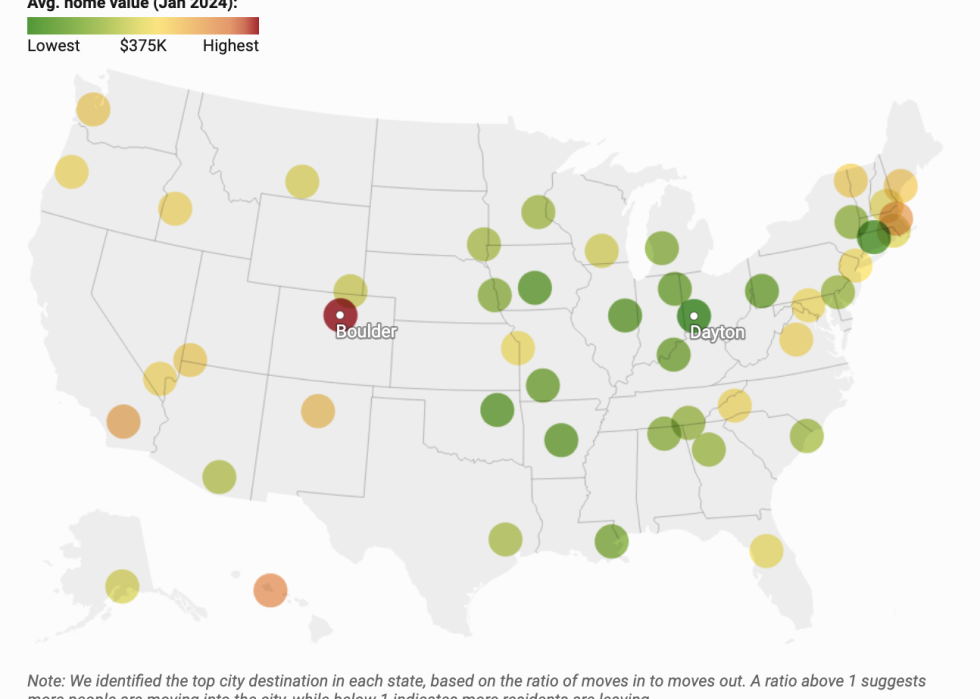 Map showing home prices in the top move-to city in each state.