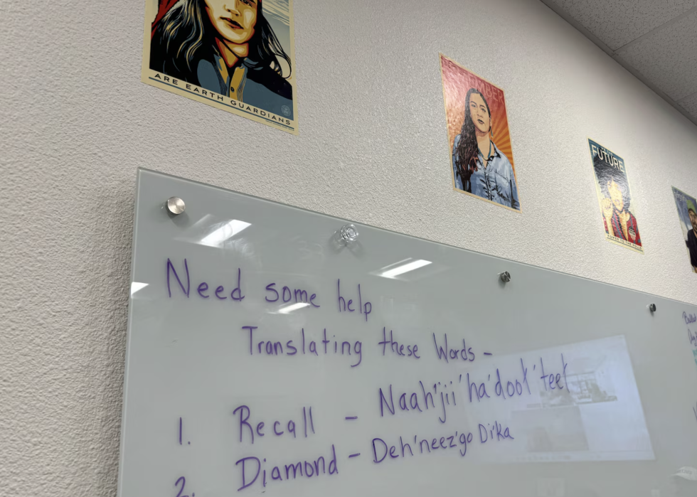 A whiteboard in the Coconino County Elections Center showing words that need translating.