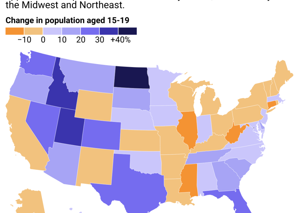 A map showing the projected population growth for young people through 2050.