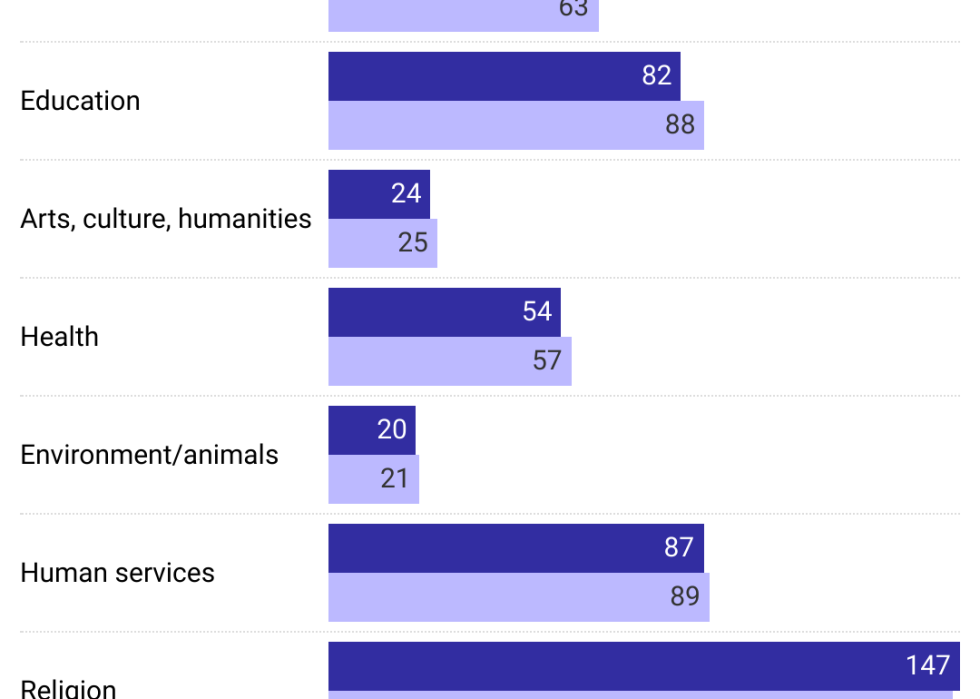 A grouped bar chart showing how much Americans donated to different types of charities in 2022 and 2023 in billions of dollars. The largest growth in donations was in Foundations, Public society benefit organizations, and educational nonprofits.