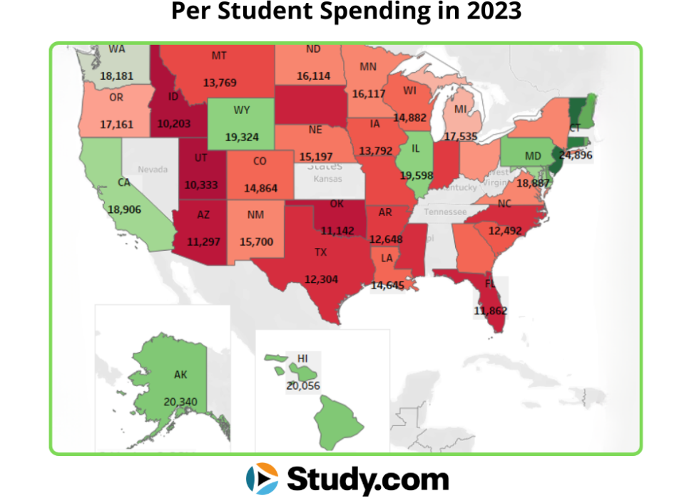 Heatmap showing data on each state and its per student spending in 2023.