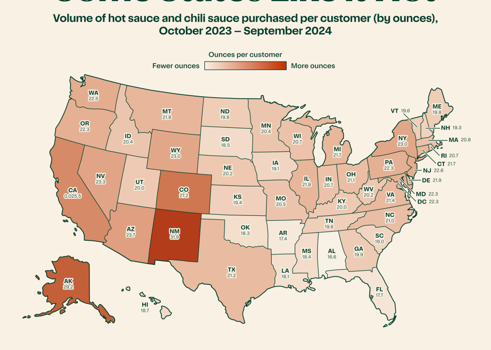 Map showing volume of hot sauces purchased per customer from October 2023 - November 2024.