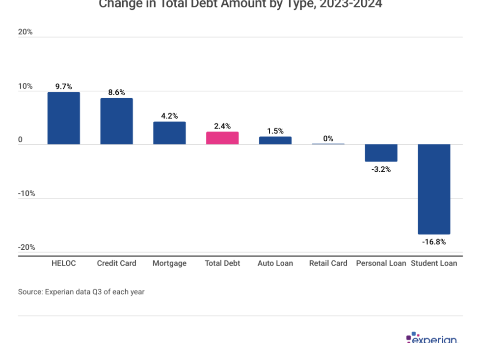 Chart showing data on the "Change in Total Debt Amount by Type, 2023-2024.".