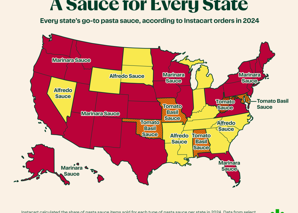 Map showing state preferences according to Instacart orders in 2024.