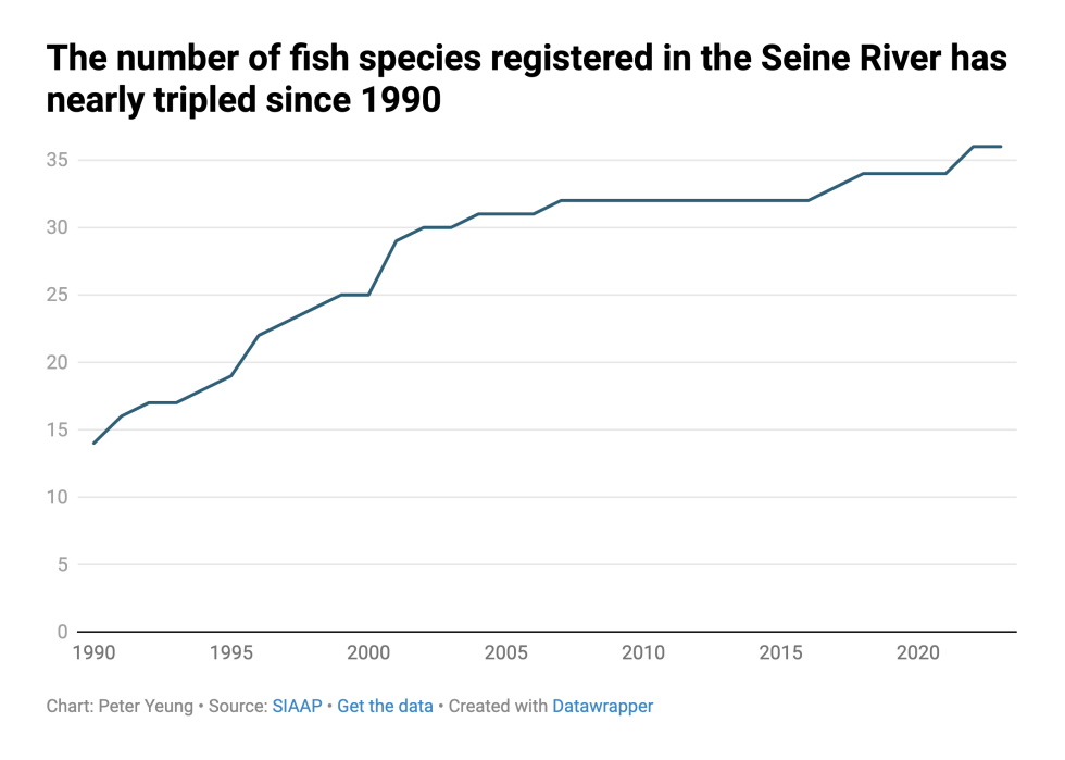 Chart showing that the number of fish species registered in the Seine river has nearly tripled.