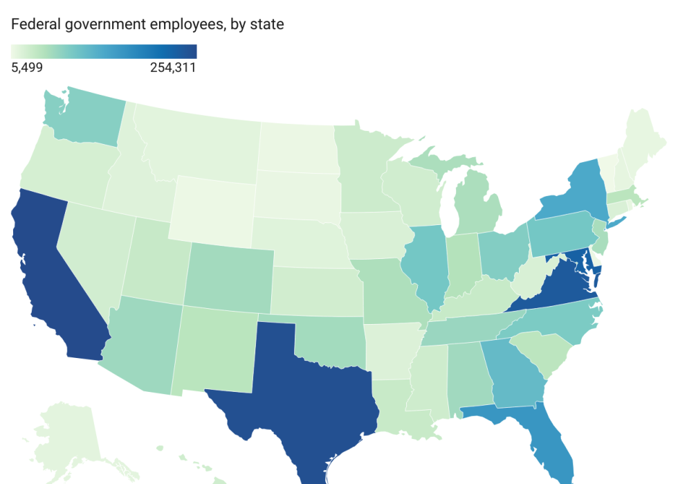Data heatmap showing results by state how roughly 3 million federal workers live and serve in communities across the U.S.