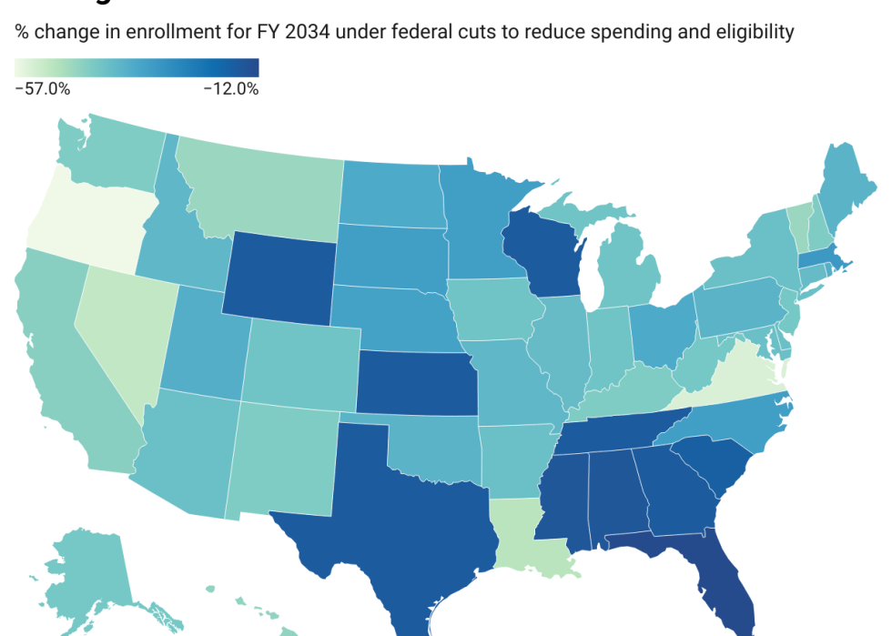 Data heatmap showing the states where Medicaid cuts would hit, with some states seeing over 50% cuts in enrollment.