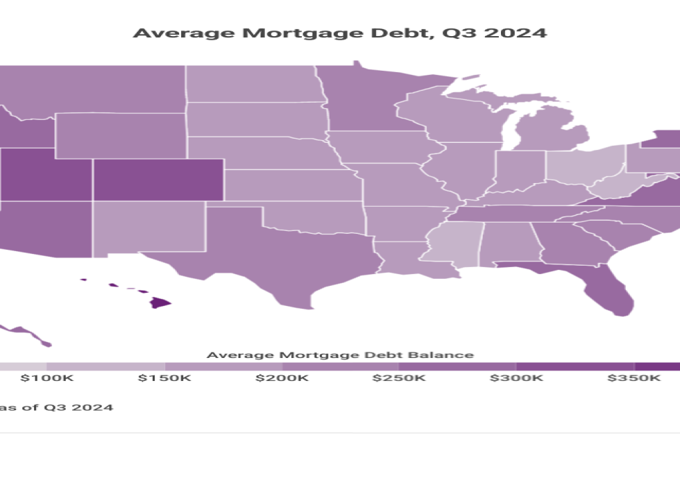 Map showing average mortgage debt amounts by state.
