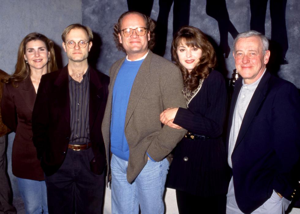 Actors Peri Gilpin, David Hyde Pierce, Kelsey Grammer, Jane Leeve, and John Mahoney, the cast of 'Frasier,' attend the 32nd Annual National Association of Television Program Executives (NATPE) Convention and Exhibition in 1995.