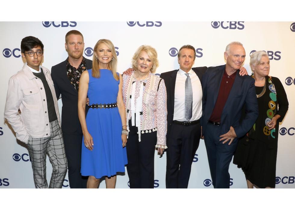 Actors Nik Dodani, Jake McDorman, Faith Ford, Candice Bergen, Grant Shaud, Joe Regalbuto, and Tyne Daly from "Murphy Brown" attend the 2018 CBS Upfront.