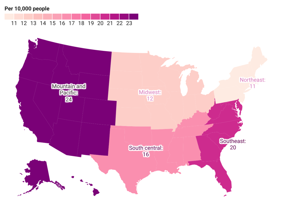 Map showing cosmetic breast procedures by US region.