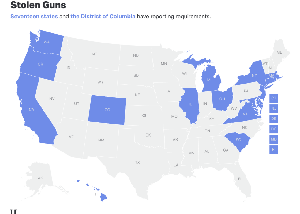 Map showing the 17 states that have mandates for reporting gun thefts.