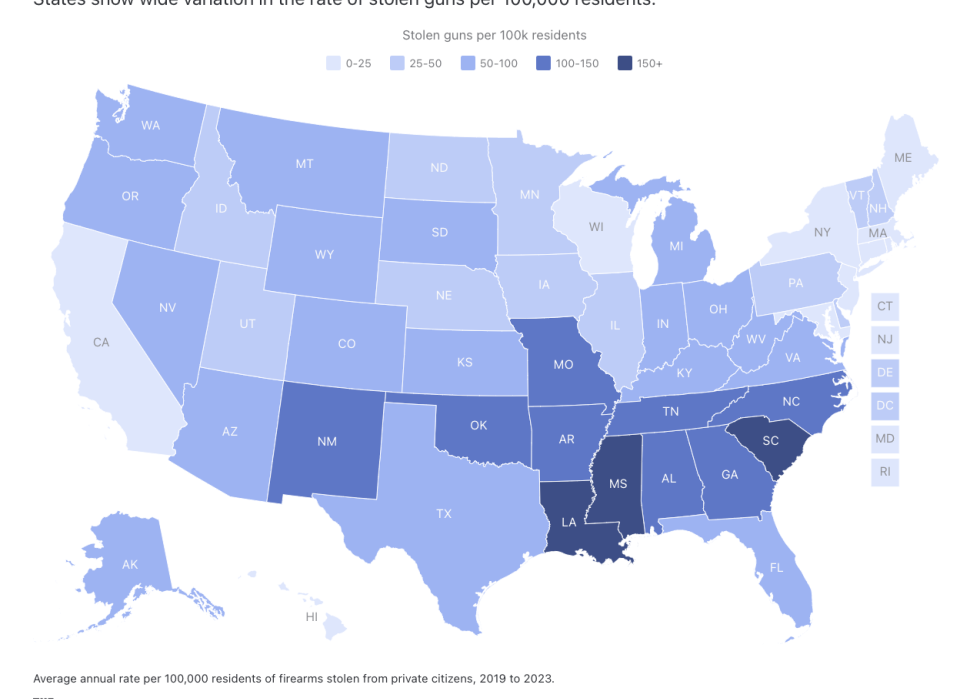 Map showing which states have the highest rates of stolen guns.
