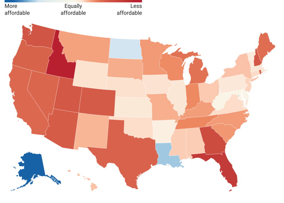 Heatmap of the states showing data on home values relative to income over 10 years.