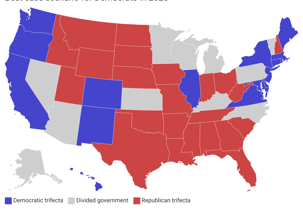 Map showing best-case scenario for Democrats in 2025.
