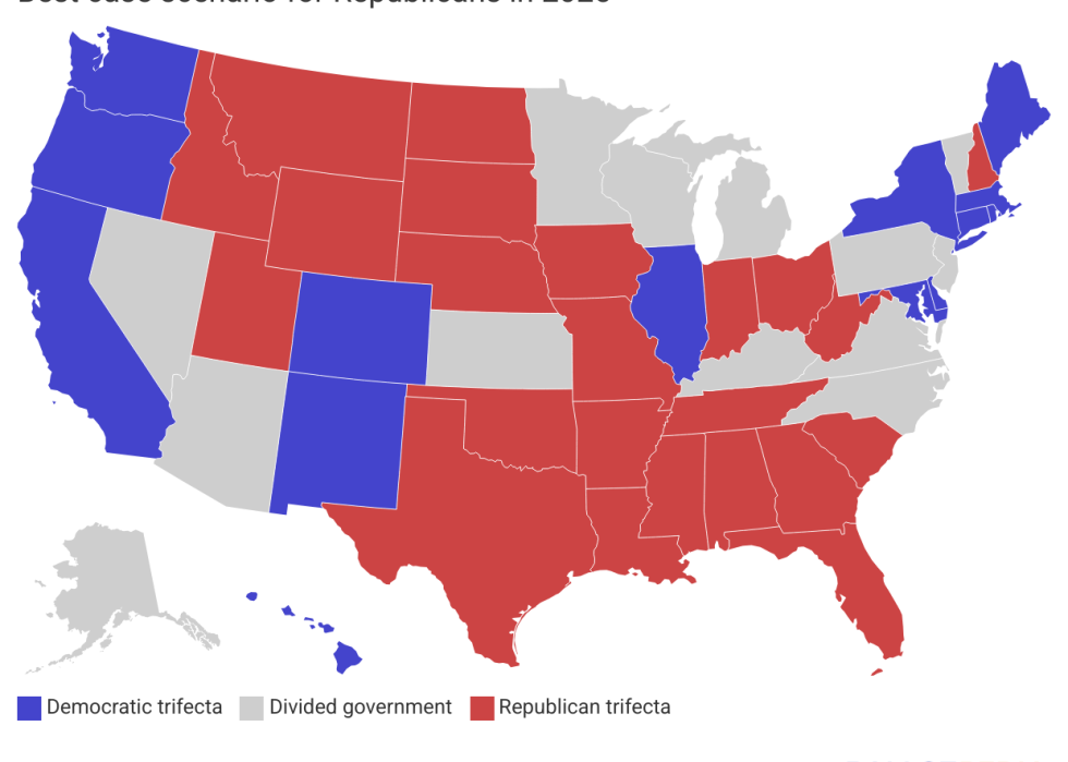 Map showing best-case scenario for Republicans in 2025.