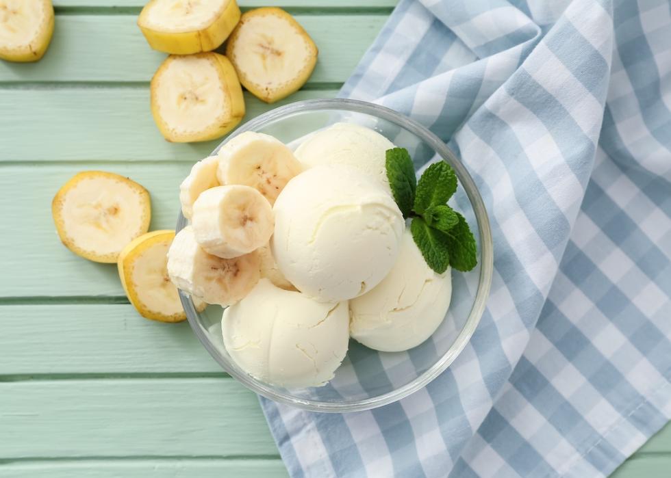Bowl with banana ice cream on wooden background.