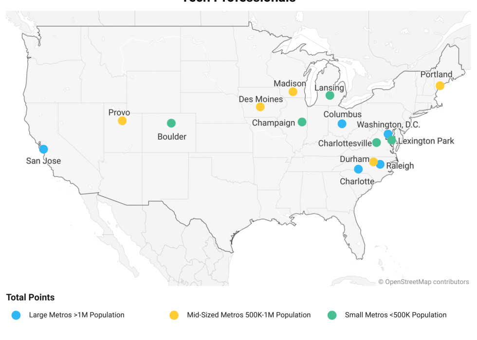 Map showing locations of best metros for women working in tech in the U.S.
