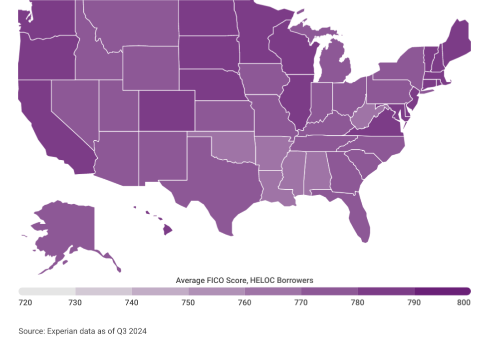 Map showing average FICO scores of HELOC borrowers.