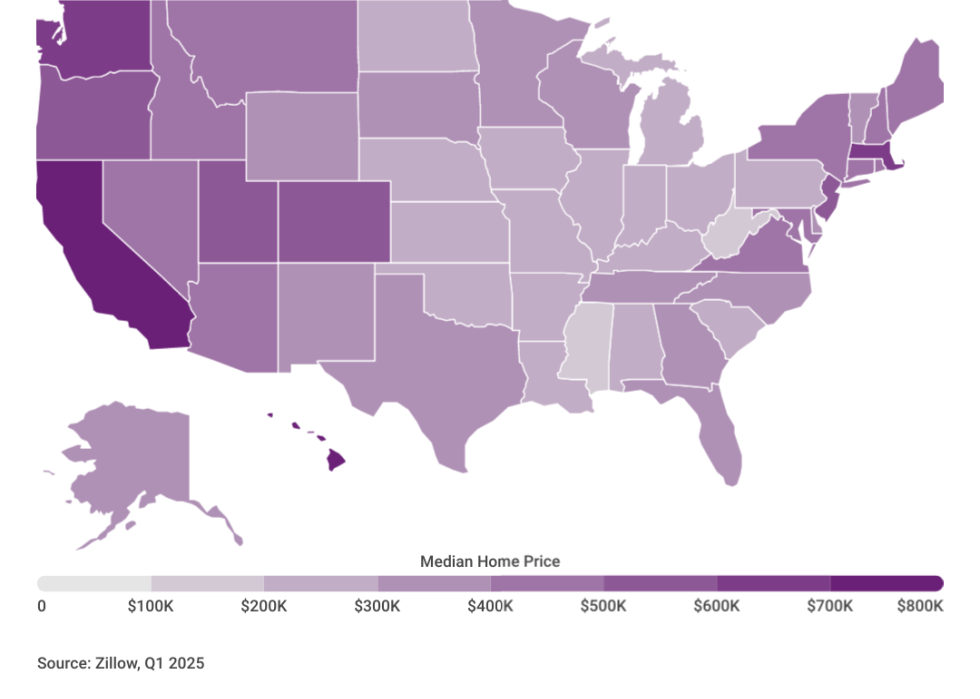 Map showing median U.S. home values in 2025.