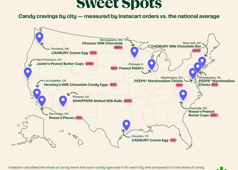 Map showing candy orders measured by Instacart orders vs. the national average.