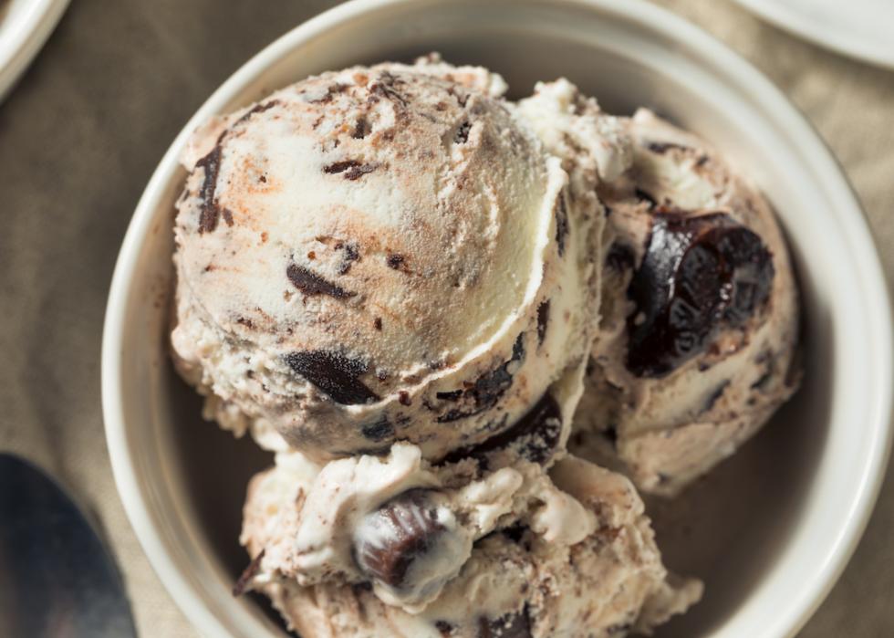 Homemade moose tracks Ice Cream in a bowl.