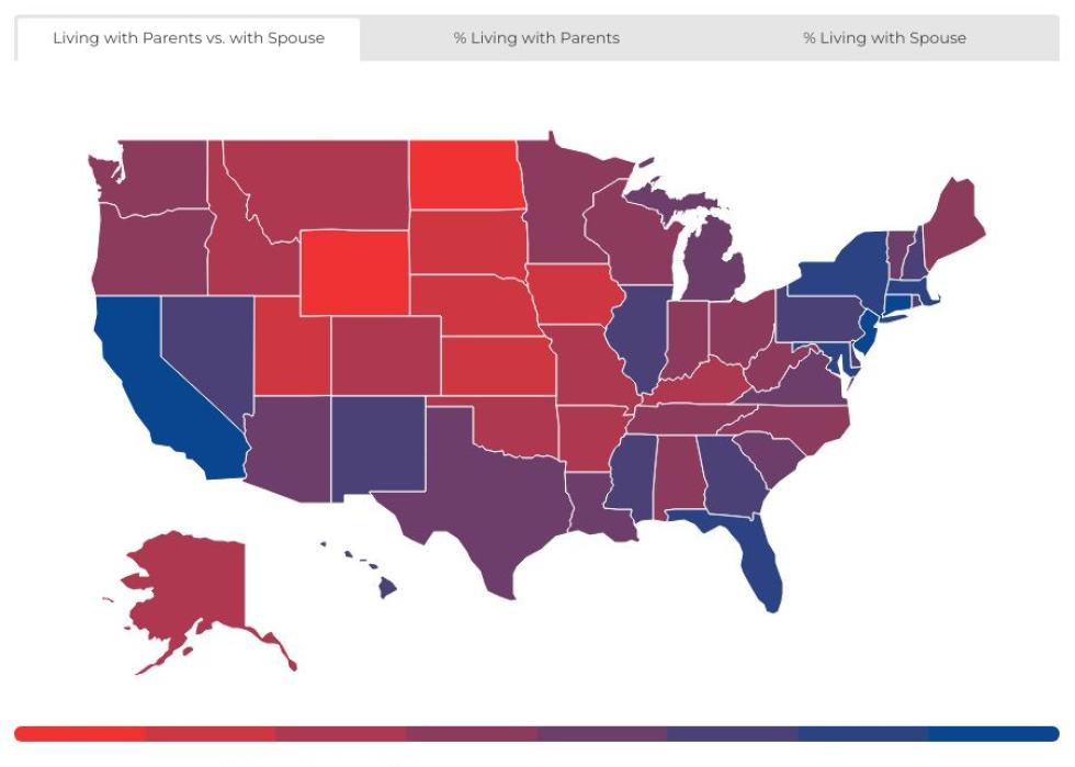Map showing where adults were more likely to live with parents.