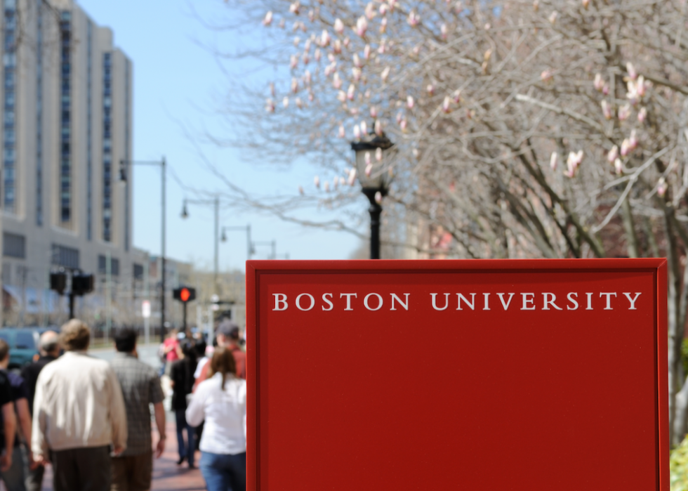 Boston University campus sign with people walking in background.