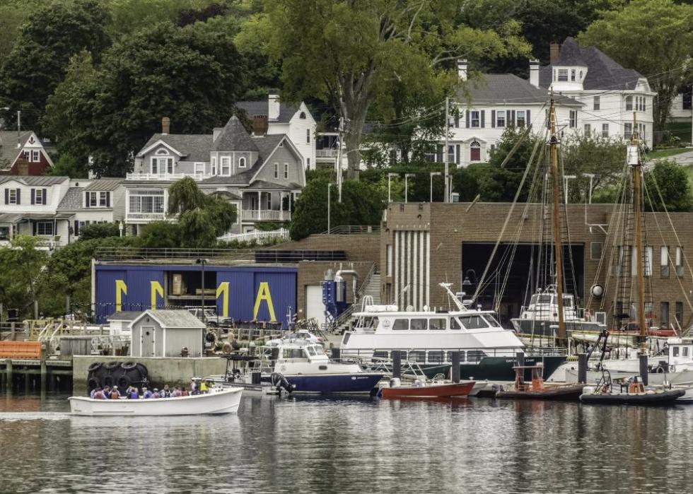View of boats at the Maine Maritime Academy from the water.