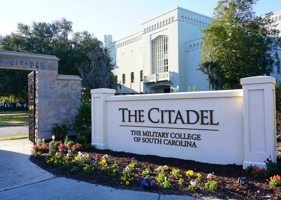 Sign and entrance gate on The Citadel campus.