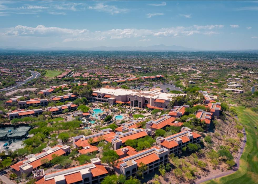 Aerial view of luxury hotel and spa.