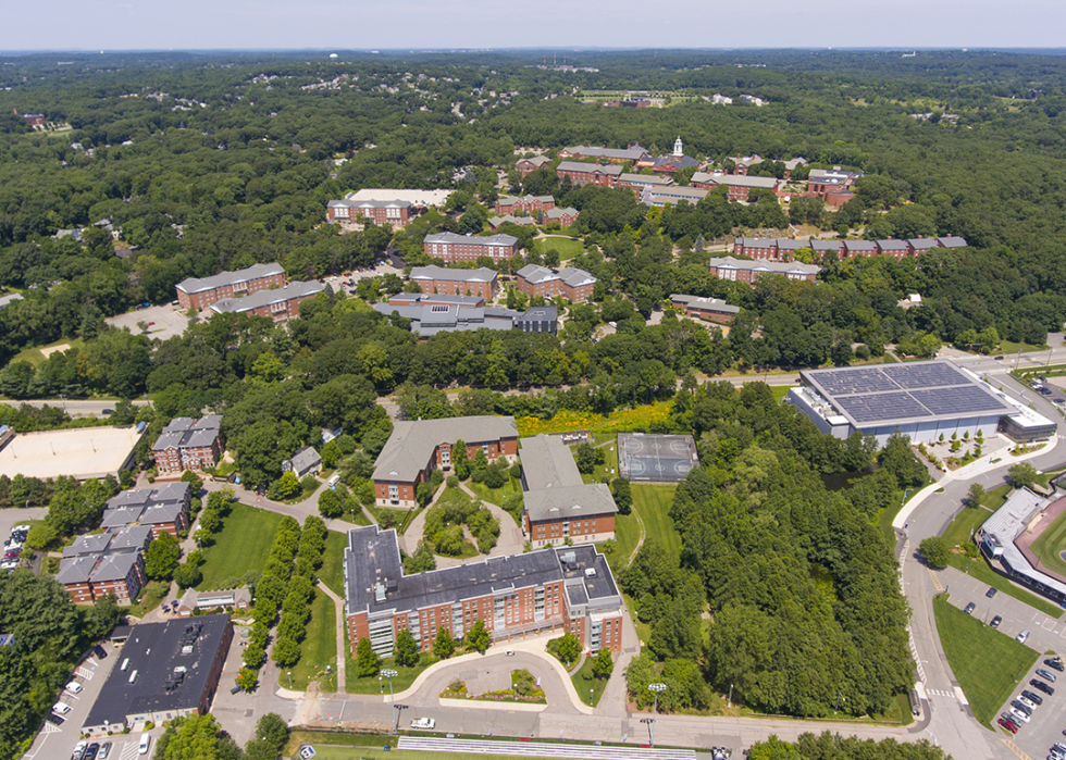 Aerial view of Bentley University campus in Waltham.