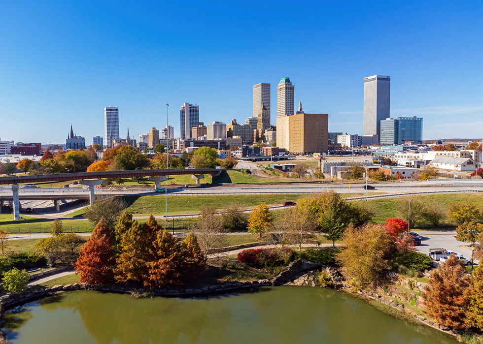 View of Tulsa skyline and park in autumn.