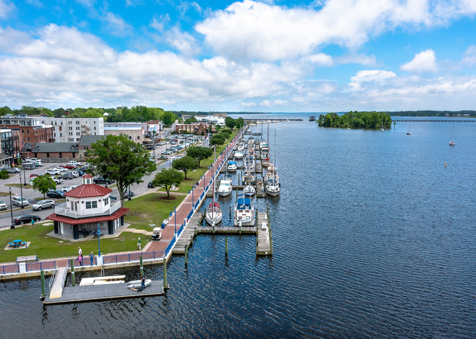 Aerial view of boats docked on the river by Washington.