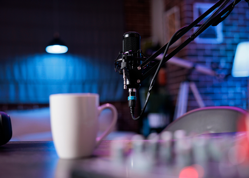 Desk in home production studio with professional podcasting tools.