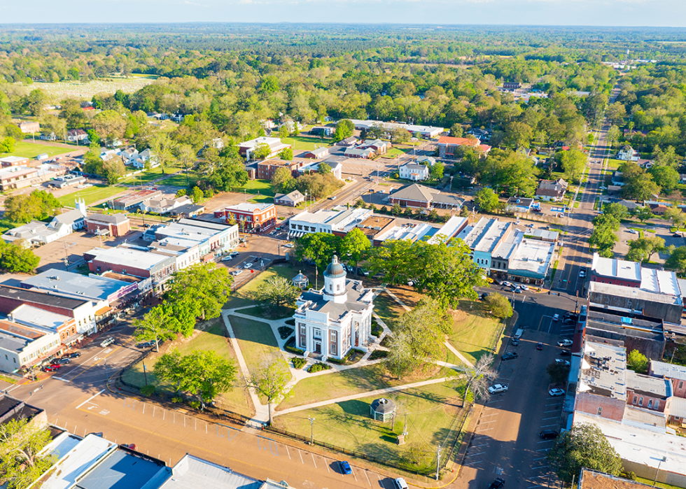 Aerial view of courthouse and surrounding area in Canton.