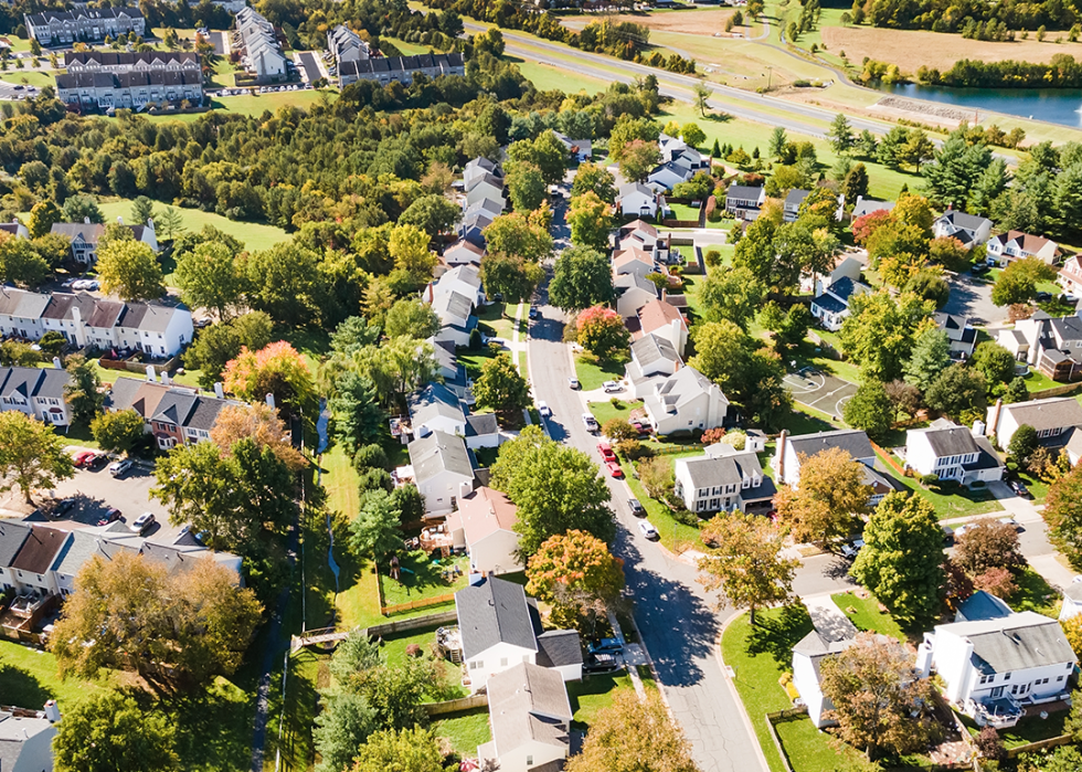 Aerial view of upscale residential area in autumn.