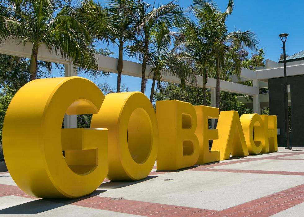 GO BEACH sign and palm trees.