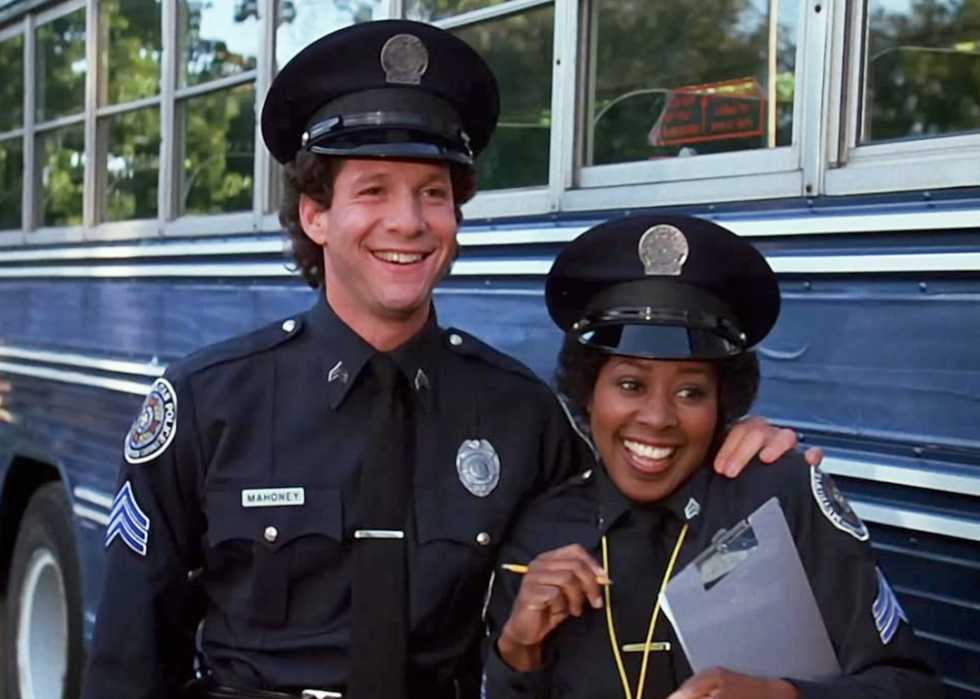 Steve Guttenberg and Marion Ramsey in ‘Police Academy 3: Back in Training’.