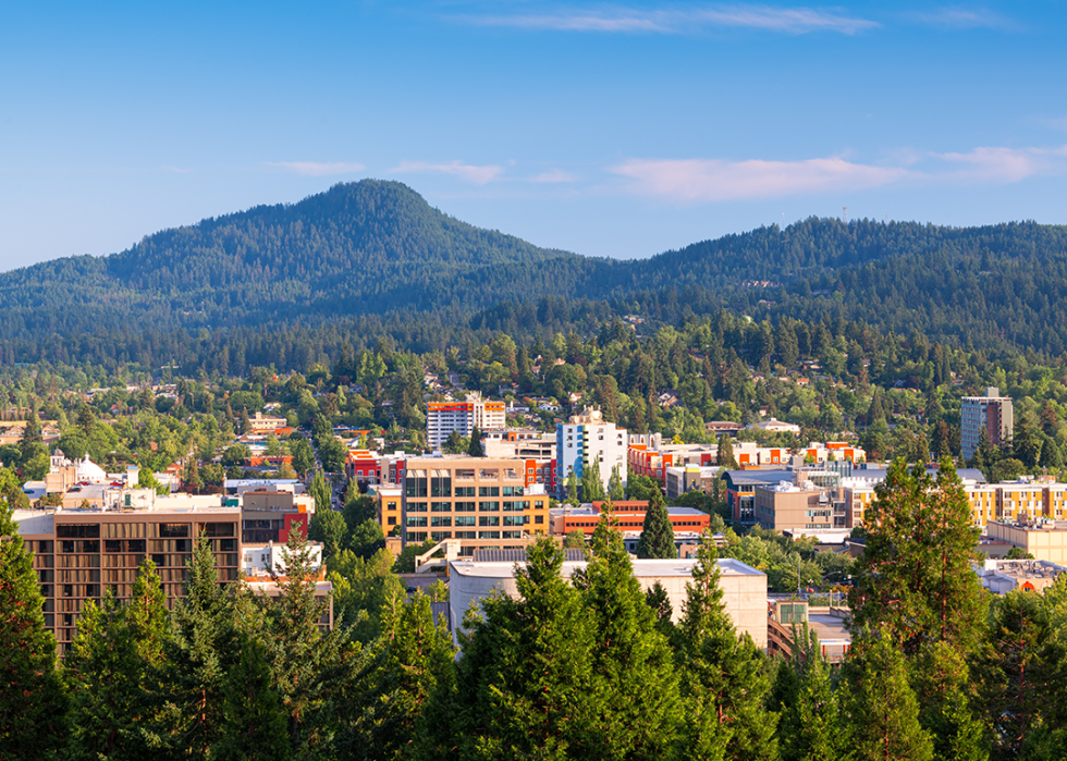 Downtown cityscape and mountains.