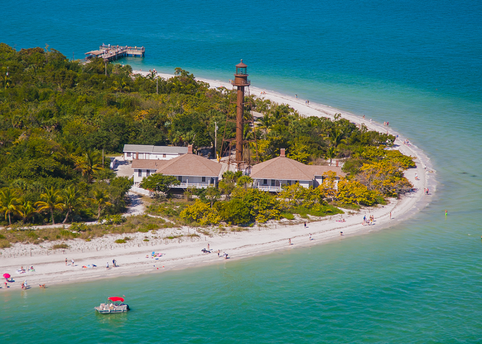 Aerial view of historic Sanibel Lighthouse Beach Park.