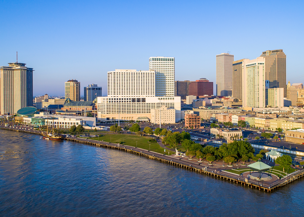 Aerial view of New Orleans skyline on clear day.
