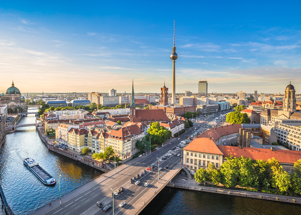 Aerial view of Berlin skyline with famous TV tower and Spree river.